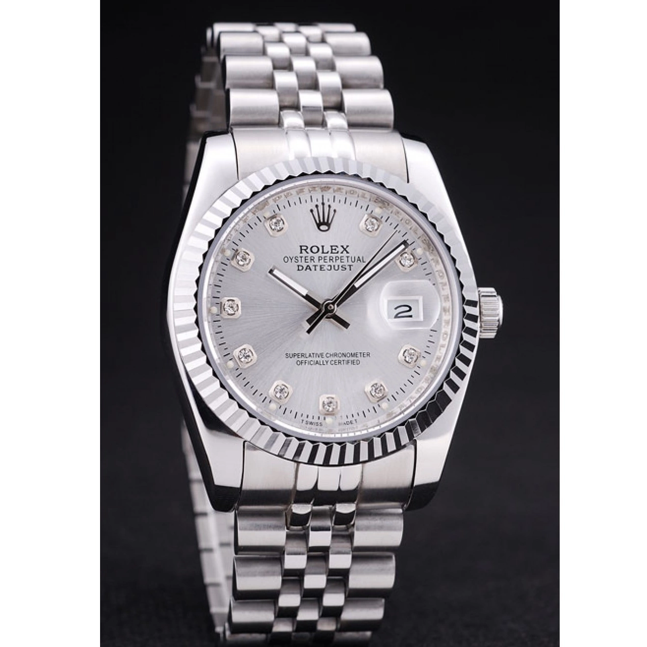 Aaa replica watch Bezel Diamonds Silver Datejust 7455 Rolex Dial Ribbed 0729